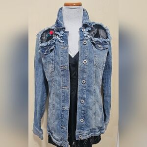Arizona Distressed Light Wash Jean Jacket With Lace On Front And Back Sz S